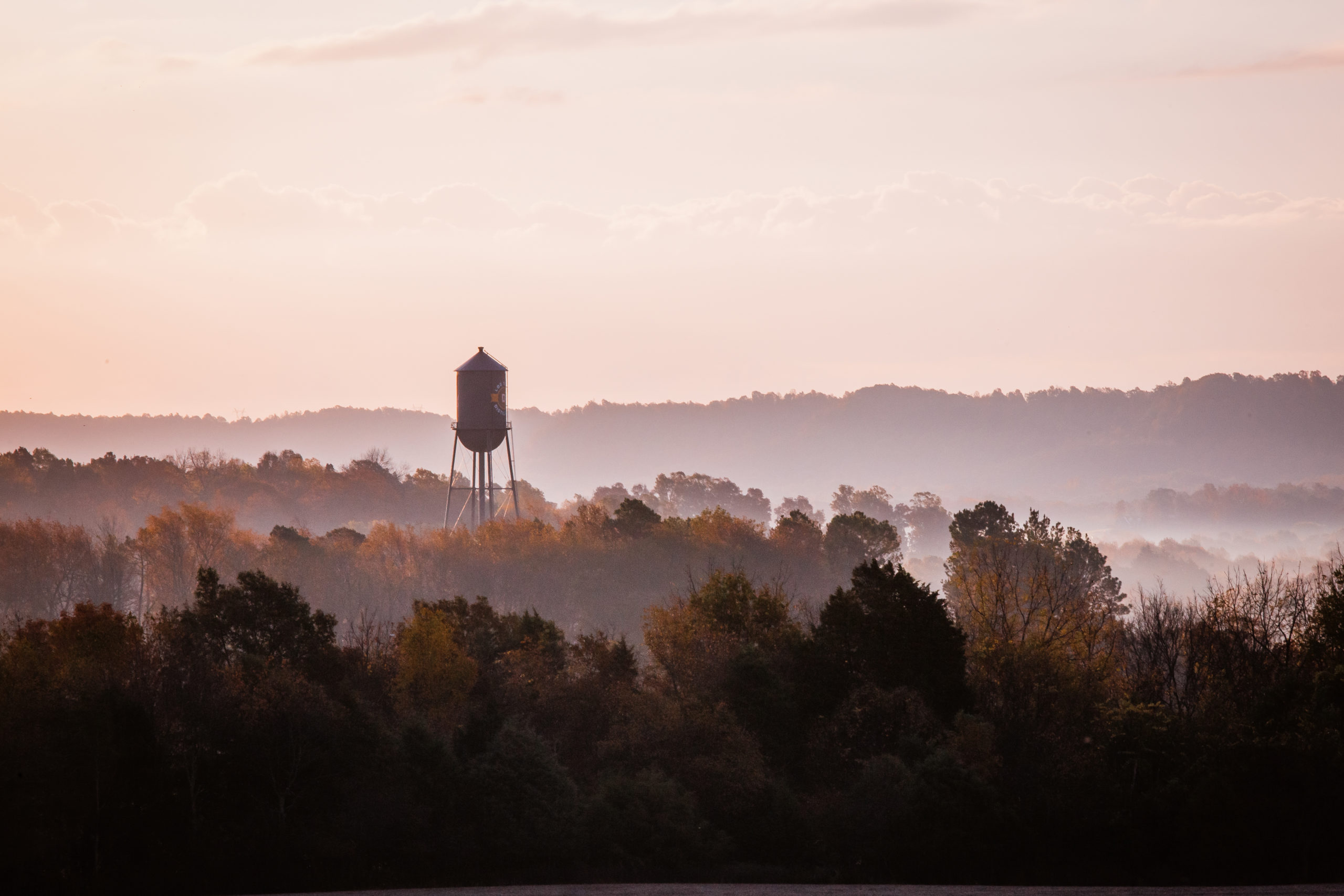 View of Log Still Distillery water tower rising above the landscape.