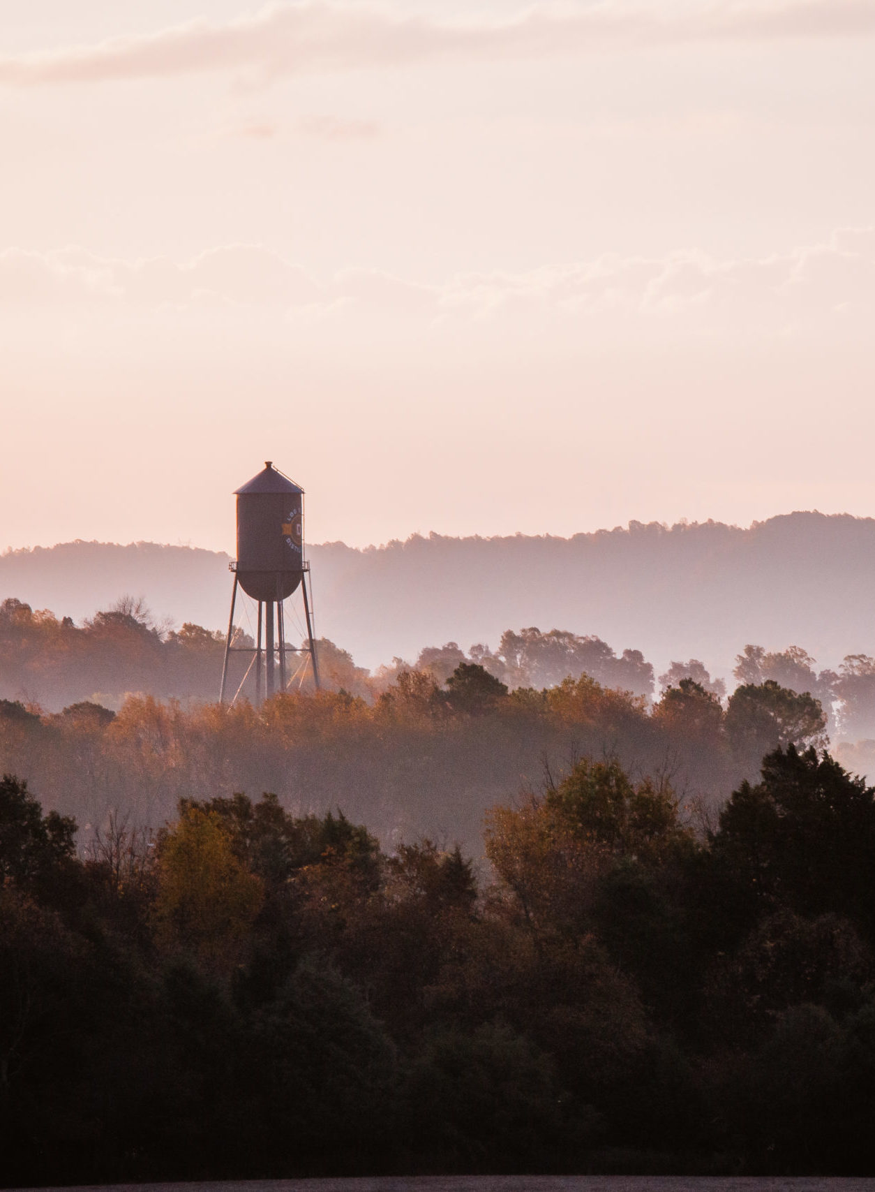 View of Log Still Distillery water tower rising above the landscape.